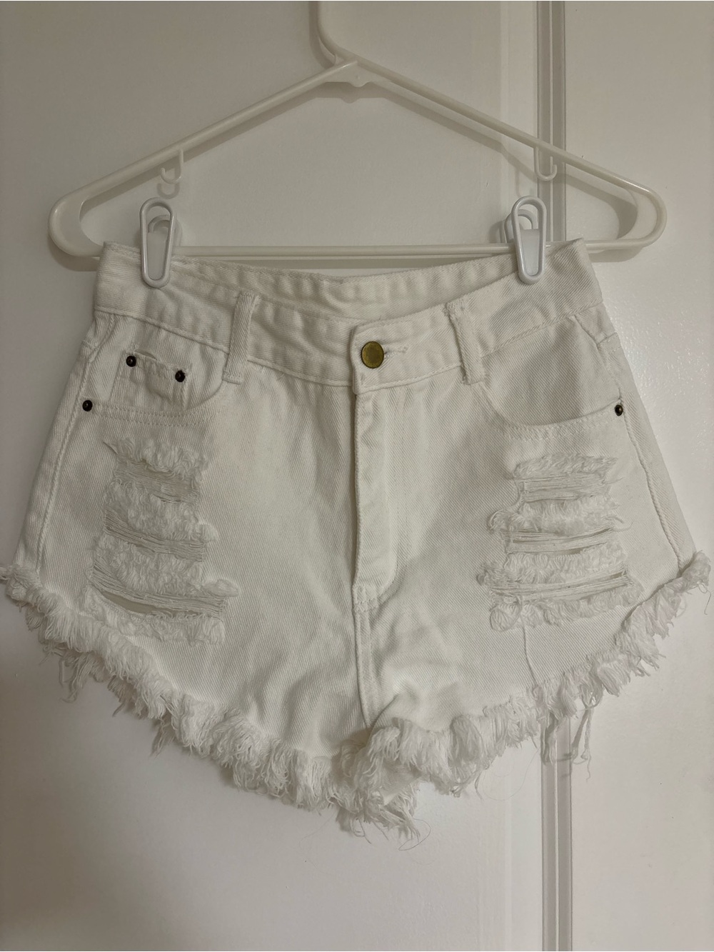 SHEIN White Distressed Frayed Denim Shorts